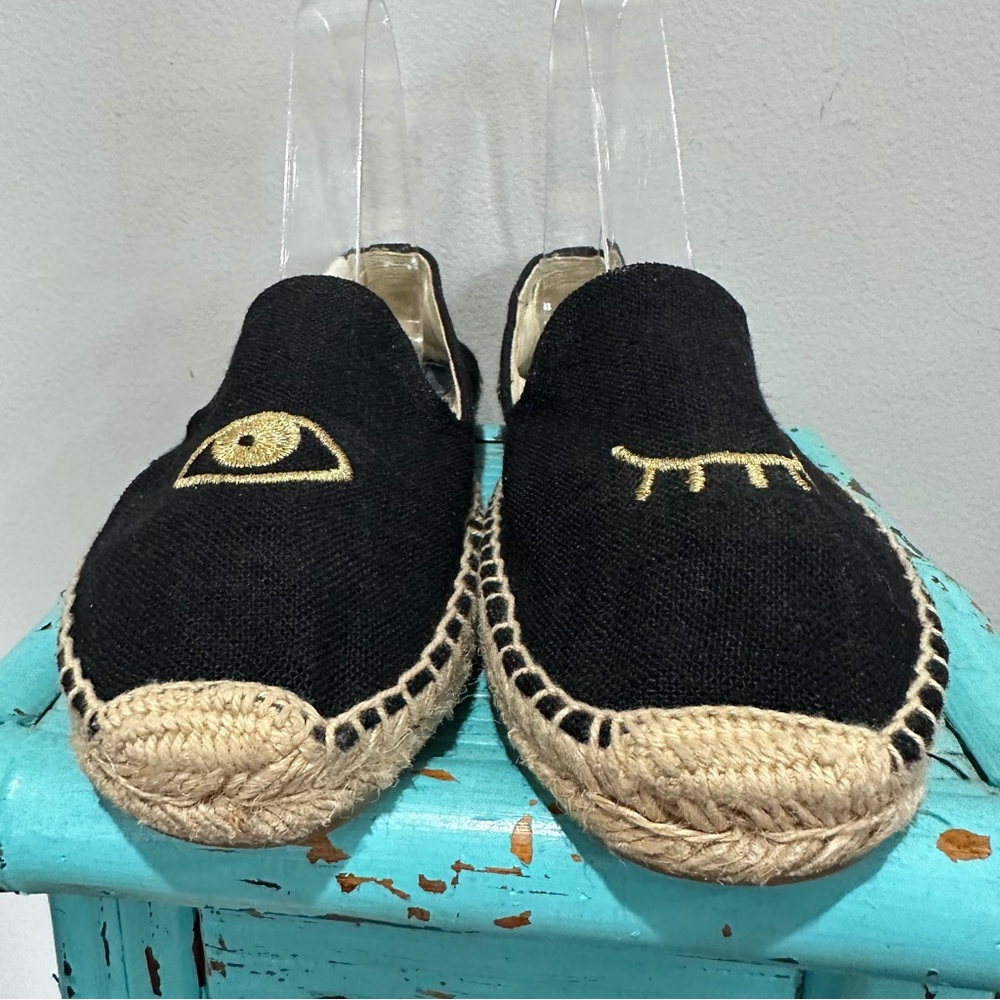 Soludos Jason Polan Gold Embroidered Wink Espadrille Black Size 8 - Picture 3 of 14